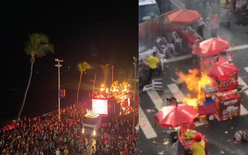 Apagão no circuito e carrinho de cachorro-quente pegando fogo entre os destaques do sábado de carnaval em Salvador — Foto: Lucas Salles/iBahia | Reprodução/TV Bahia | Arte g1