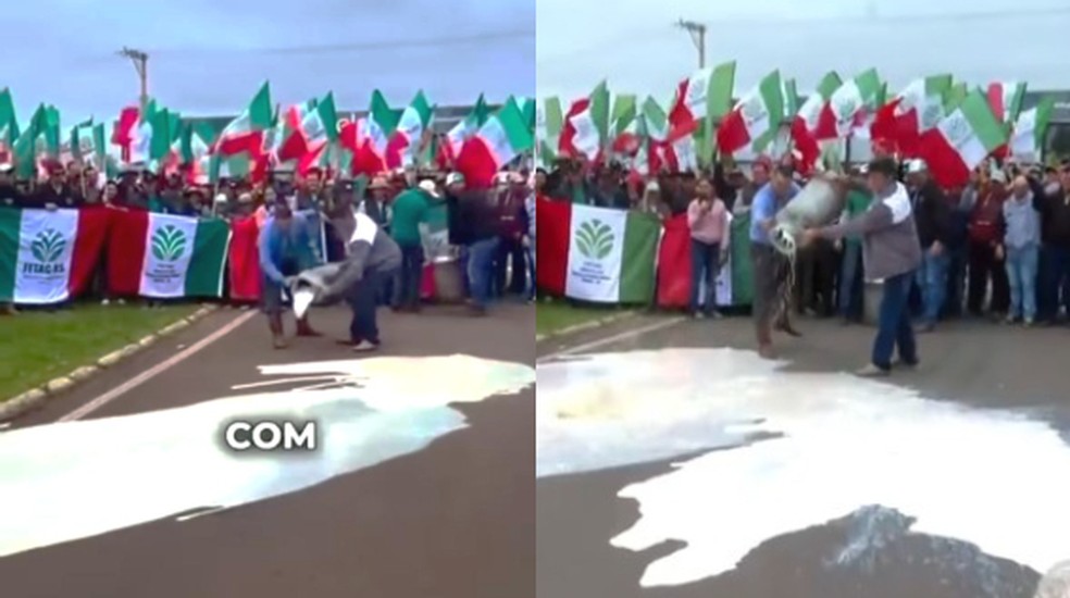 Protesto contra importações de leite no Rio Grande do Sul em 2023; à esq o vídeo que circula nas redes e, a dir., a reportagem da RBS TV da época — Foto: Reprodução redes sociais/RBS TV
