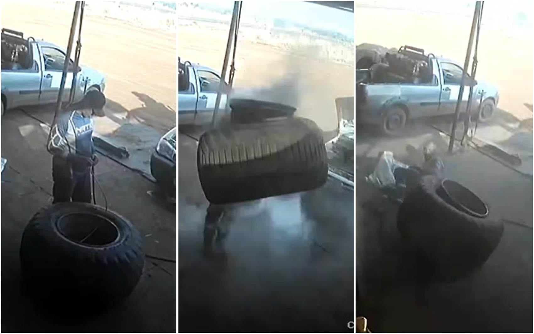 Pneu explode, e borracheiro é arremessado; vídeo é impressionante