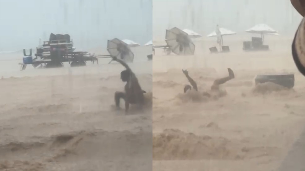 Durante chuva em Jeri, um homem foi momentaneamente levado pela correnteza. — Foto: Reprodução
