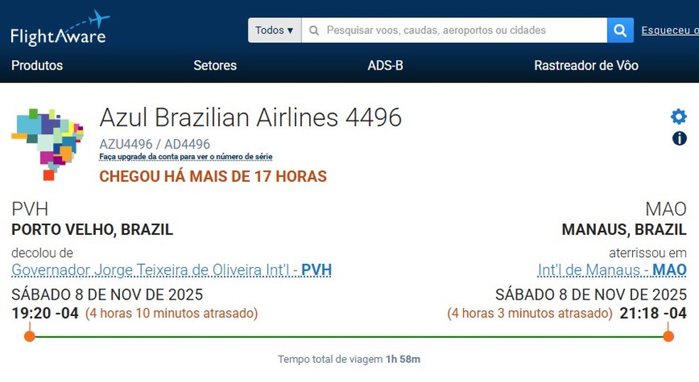 Voo de Porto Velho para Manaus atrasou quatro horas — Foto: FlightAware/Reprodução