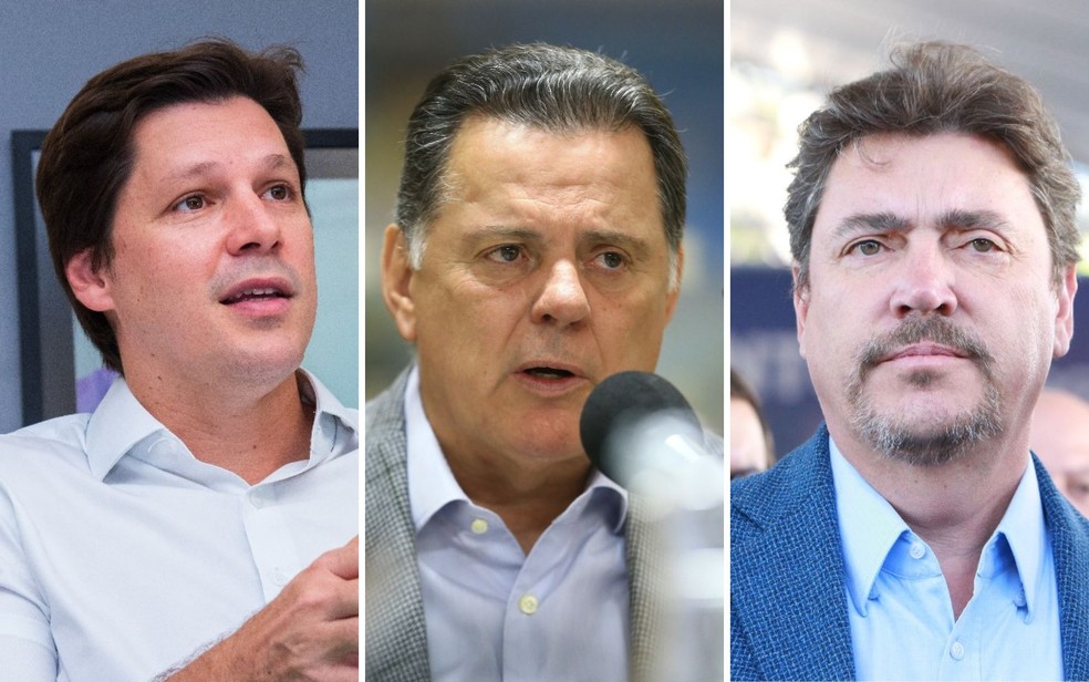 Daniel Vilela, Marconi Perillo e Wilder Morais, em Goiás — Foto: Fábio Lima, Wesley Costa e Fábio Lima/O Popular