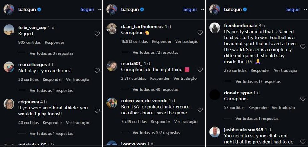 Comentários após Fifa anular expulsão de Balogun — Foto: Reprodução