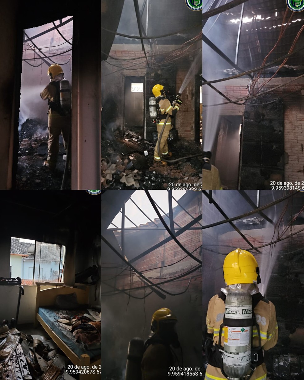 Bombeiros controlaram o fogo dentro da residência que teve danos, principalmente no 2º andar — Foto: Asscom/CBMAC