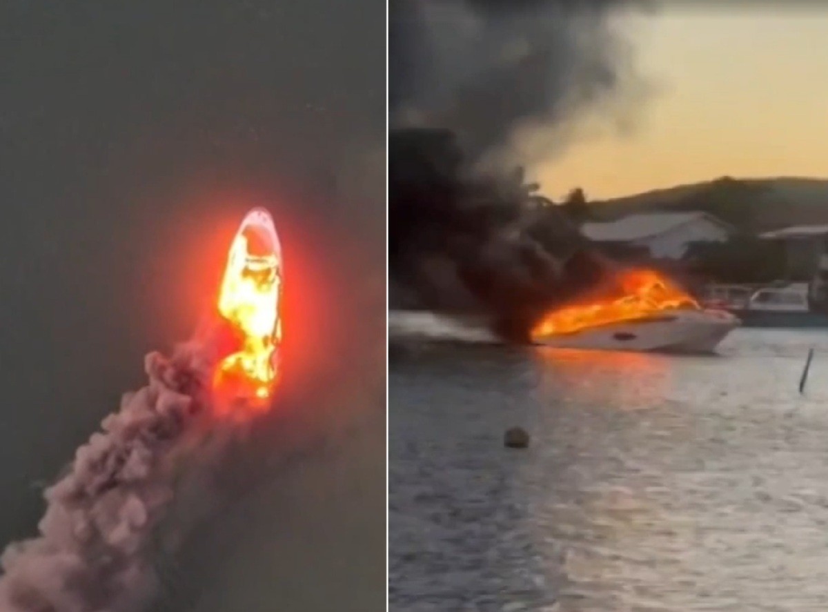 Lancha pega fogo e fica destruída em Cabo Frio