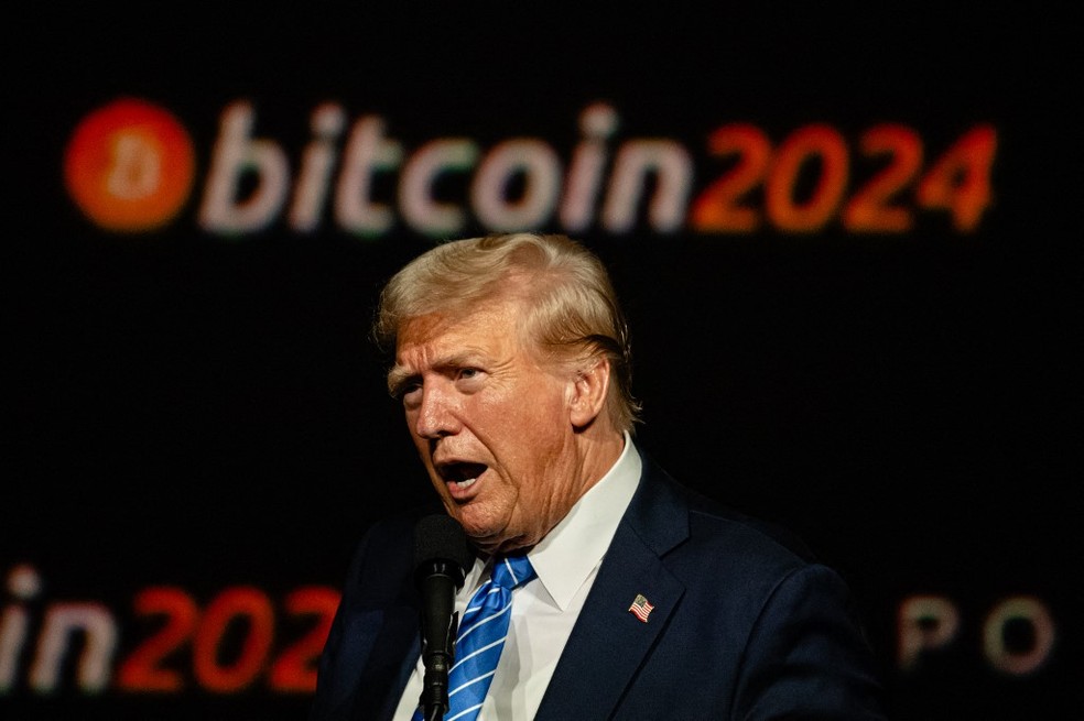 Trump na conferência Bitcoin 2024, em 27 de julho, em Nashville, no Tennessee (EUA). — Foto: Jon Cherry/GETTY IMAGES NORTH AMERICA / AFP