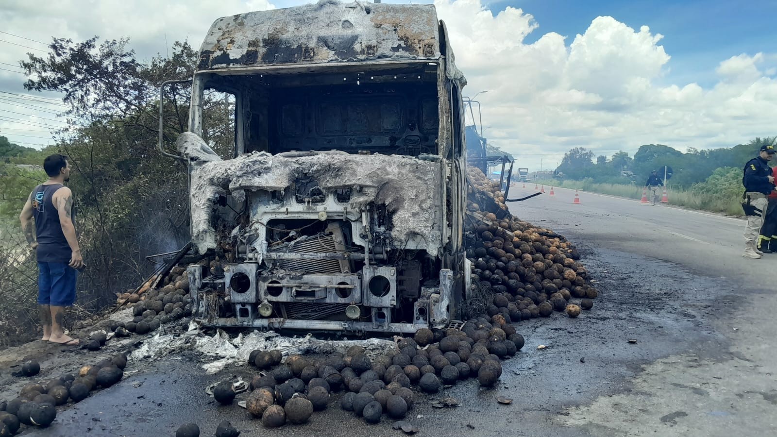 Caminhão com carga de cocos é destruído por incêndio na BR-304
