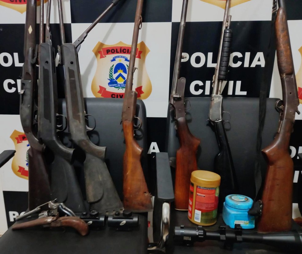 Armas apreendidas e munições foram levadas para a delegacia — Foto: Divulgação/Polícia Civil