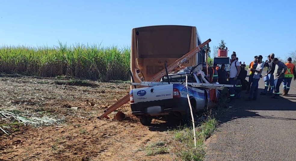 Conforme as informações iniciais do Corpo de Bombeiros, as duas vítimas eram ocupantes do carro e morreram no local após ficarem presas às ferragens, em Paulicéia (SP) — Foto: Reprodução/Panorama Notícia