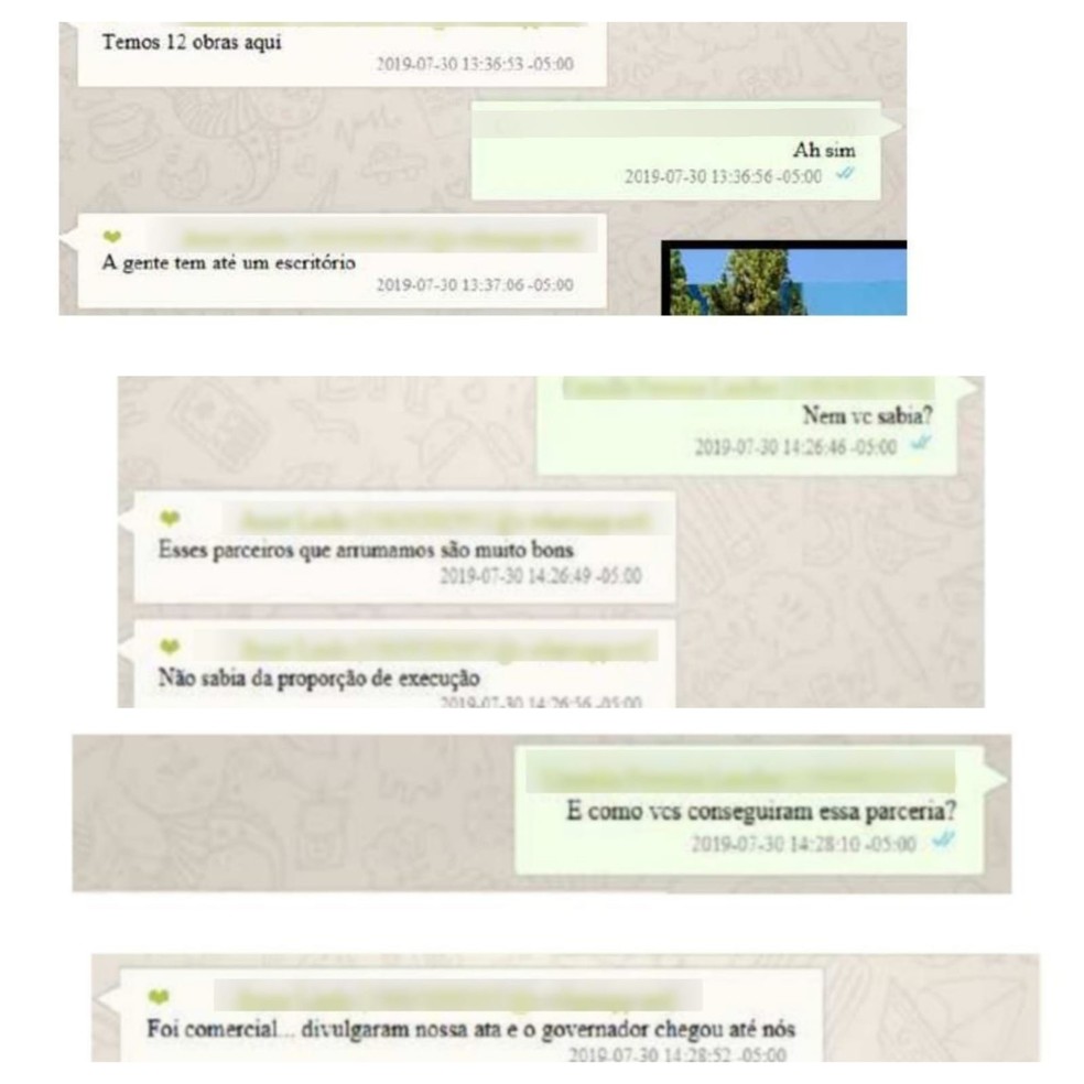 Troca de mensagens mostra sócio da Murano conversando com sua mulher informando as obras que tinham no Acre — Foto: Reprodução