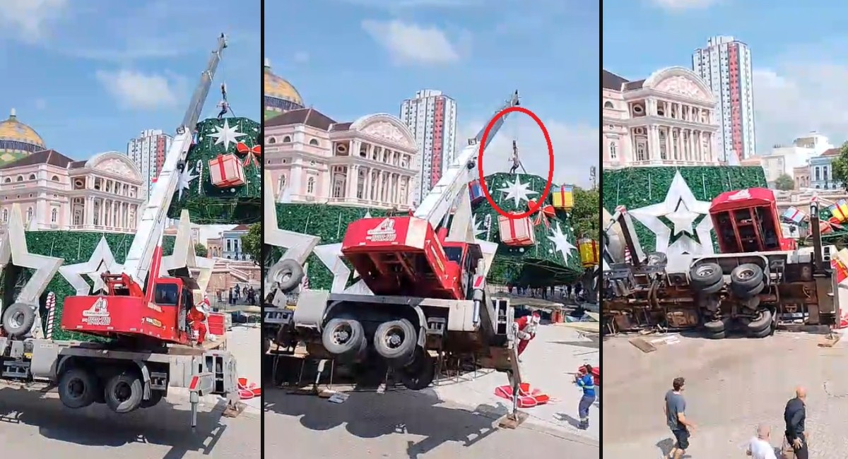 VÍDEO: Trabalhador morre após guindaste tombar durante montagem de árvore de Natal em Manaus