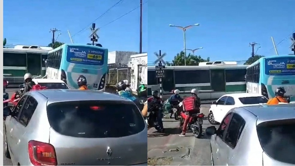 Ônibus é atingido por trem em Fortaleza. Ninguém ficou ferido. — Foto: Reprodução