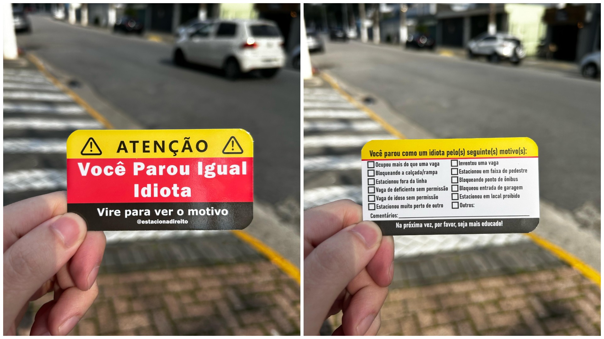 ‘Você parou igual idiota’: estudante cria cartão para dar recado a motoristas espaçosos