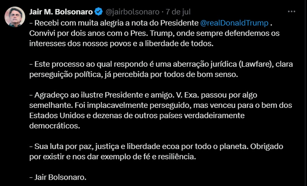 Postagem de Bolsonaaro após publicação de Trump — Foto: Reprodução/X