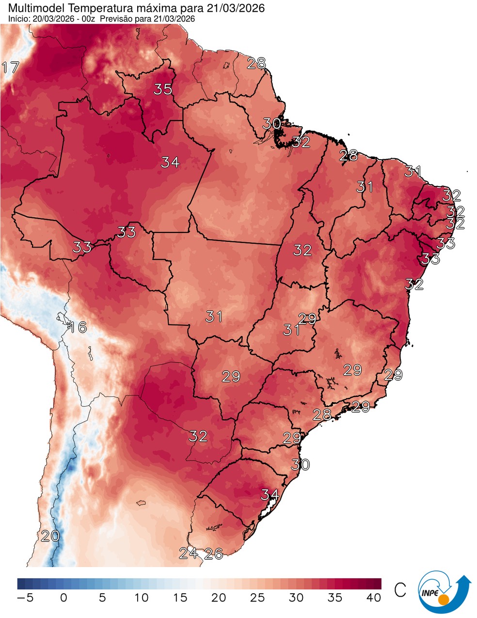 Mapa mostra previsão de temperatura máxima para este sábado (21). — Foto: CPTEC/Inpe