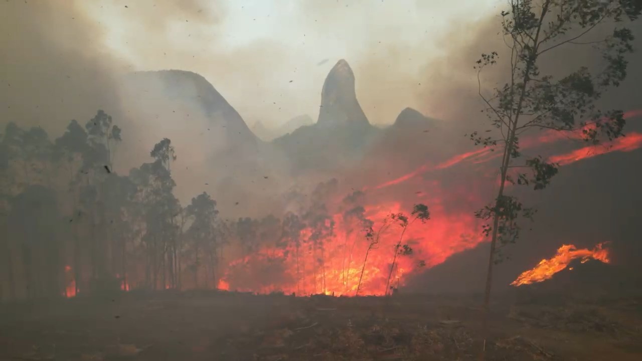 VÍDEOS: incêndio atinge área do maior circuito de tirolesas da América Latina, no ES, e equipe da prefeitura fica cercada pelo fogo