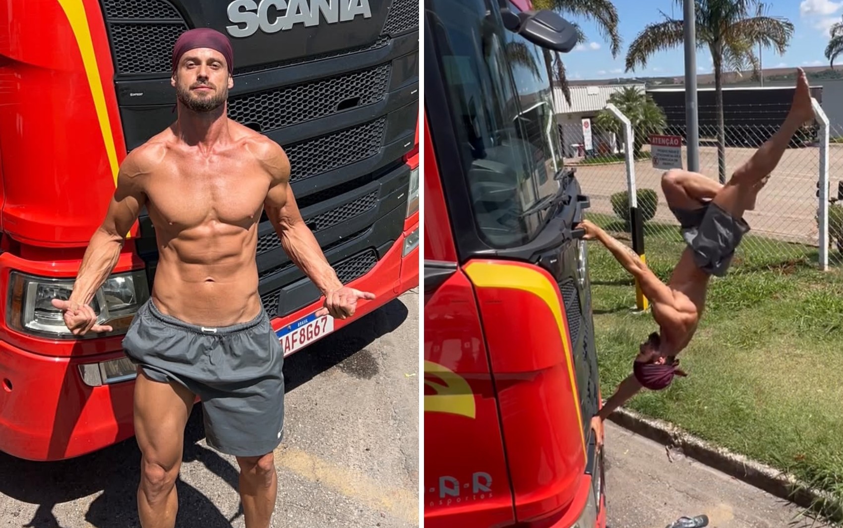 'Caminhoneiro bombado' faz sucesso com corpo definido e exercícios na estrada
