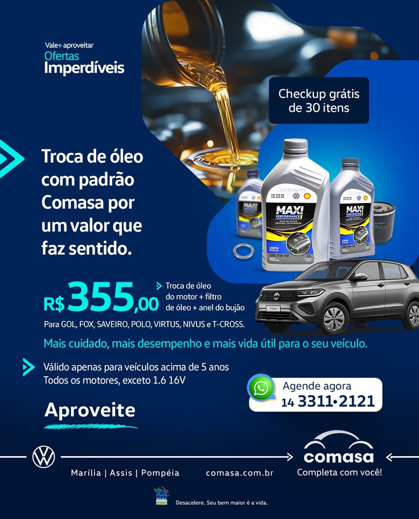 Comasa VW lança campanha de troca de óleo por R$ 355 e check-up gratuito