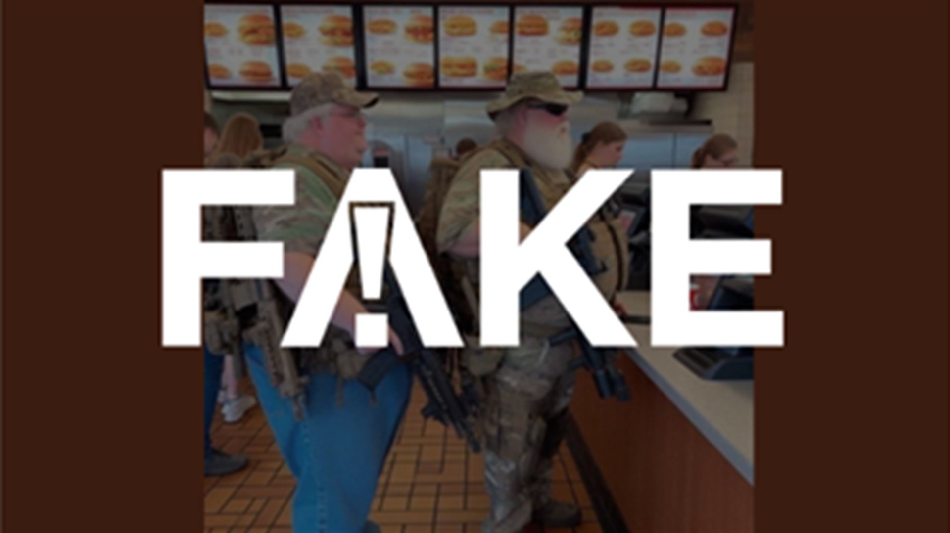É #FAKE imagem que mostra homens armados com rifles em lanchonete fast-food; conteúdo foi feito com inteligência artificial