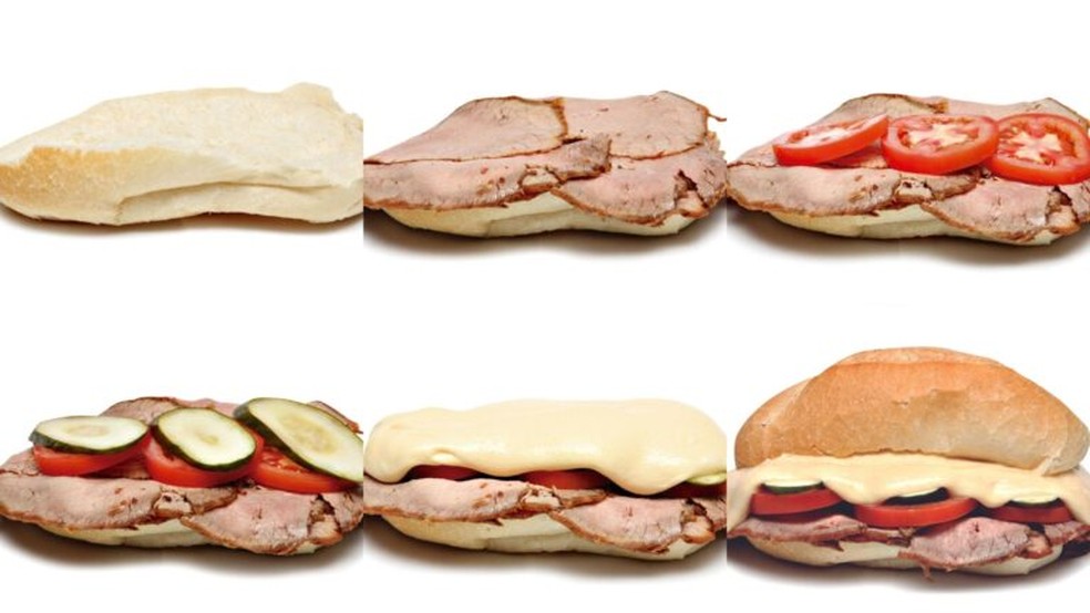 Bauru é feito com pão francês, recheado com queijo derretido, tomate, picles fatiado e rosbife — Foto: Ponto Chic /Divulgação