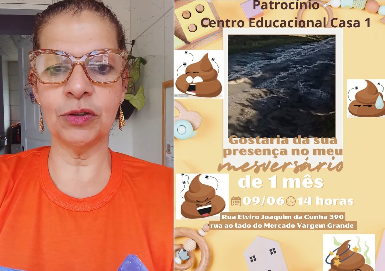 Professora faz festa para esgoto a céu aberto com direito a emojis de cocô e bolo de 'mesversário' em Teresópolis