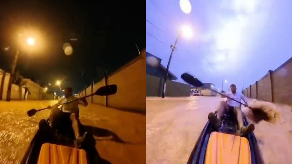 Adriano Ribeiro enfrentando alagamento de caiaque após chuva intensa em Vilhena — Foto: Reprodução/acervo pessoal