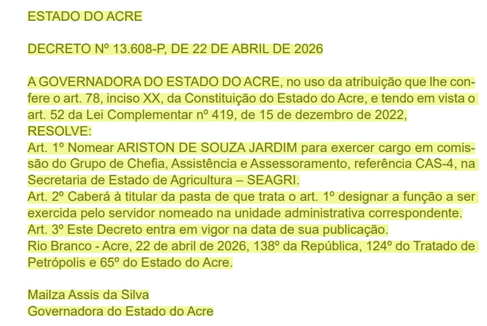 Jardim ocupará cargo com referência CAS-4, com remuneração bruta prevista em R$ 4.027,04 — Foto: Reprodução