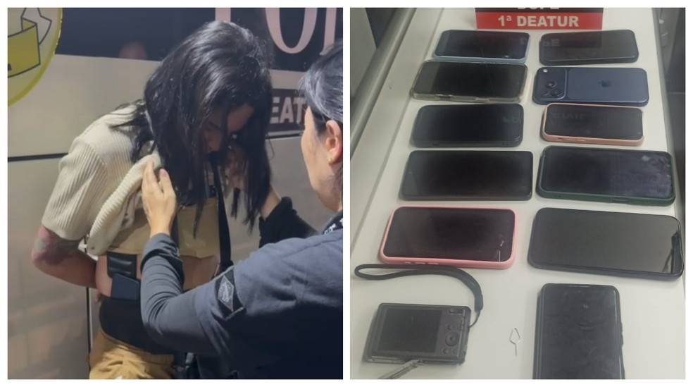 Mulher é presa em flagrante por furto de celular no Lollapalooza em SP. — Foto: Montagem/g1/Reprodução