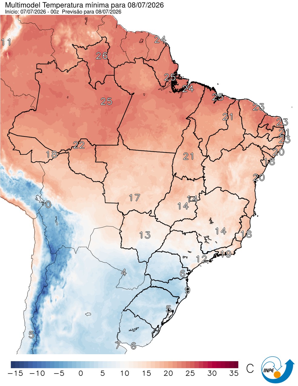 Temperaturas mínimas previstas para esta quarta em todo o Brasil. — Foto: CPTEC/Inpe