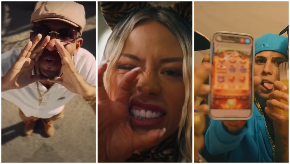 Cenas dos clipes (da esq. p/ dir.) 'Resenha do Arrocha', 'Oh Garota Eu Quero Você Só Para Mim' e 'Let's Go 4' — Foto: Reprodução