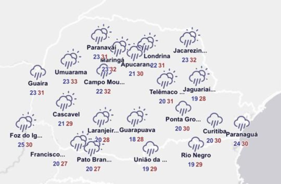 Painel do Simepar com a previsão do estado de chuva e temperaturas para segunda (29). — Foto: Reprodução/Simepar