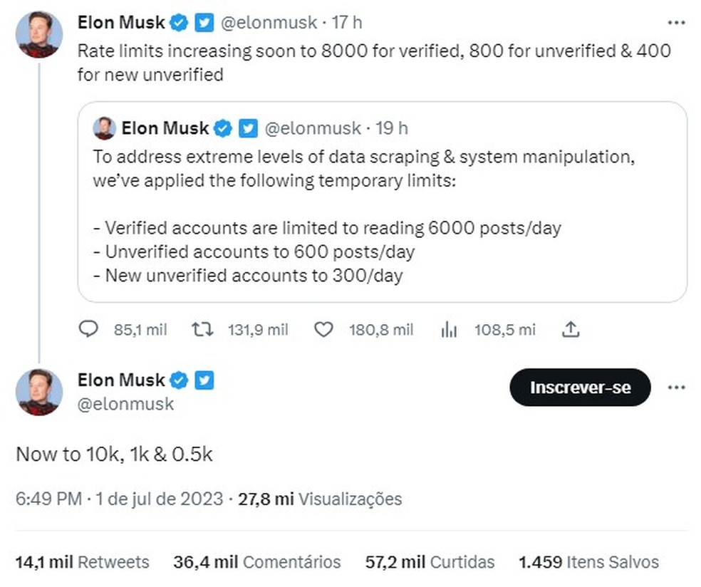 Limites temporários de leitura no Twitter anunciados por Elon Musk — Foto: Reprodução/Twitter