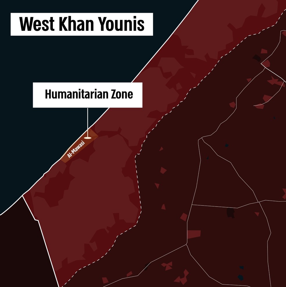 Mapa elaborado por Israel mostra onde ficar a Zona Humanitria no sul da Faixa de Gaza  Foto: Foras de Defesa de Israel