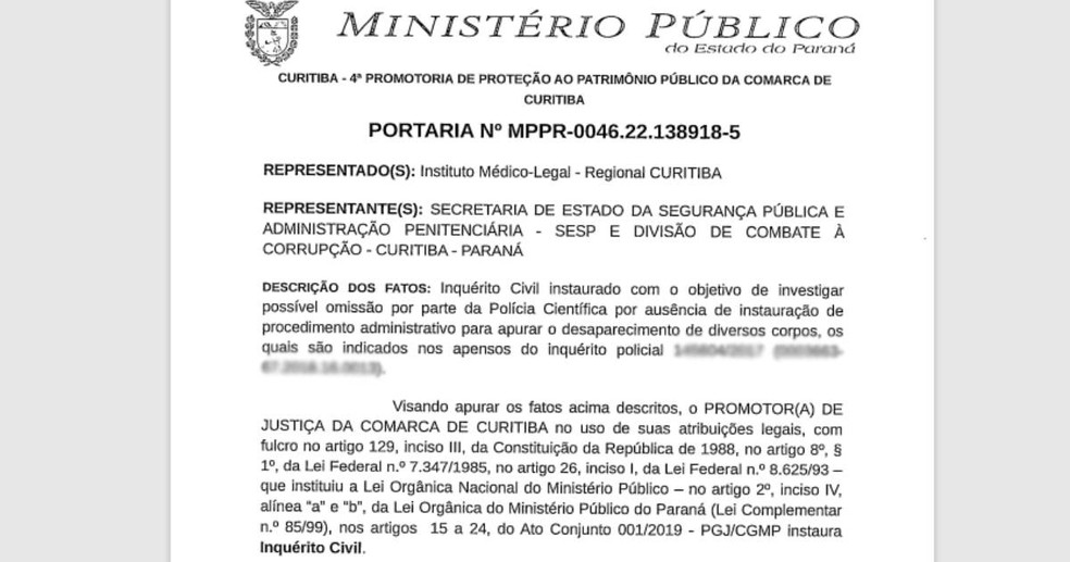 Ministério Público do Paraná abriu inquérito civil para apurar possível omissão da Polícia Científica na investigação — Foto: MP-PR