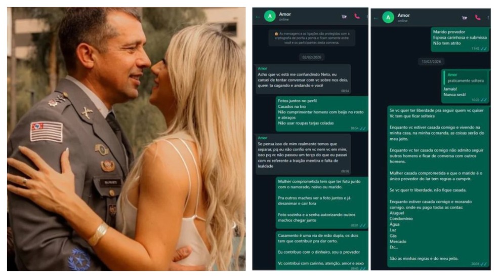 Coronel mandou mensagem a esposa ordenando que ela seguisse as regras dele e que 'jamais' seria solteira — Foto: Reprodução
