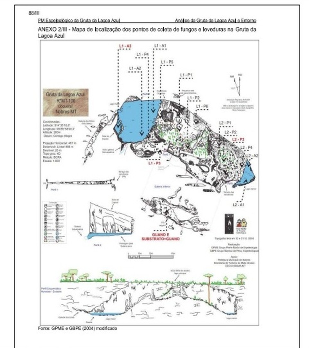 Mapa de localização dos pontos de coletade fungos e leveduras na Gruta da Lagoa Azul, em Nobres (MT) — Foto: Reprodução