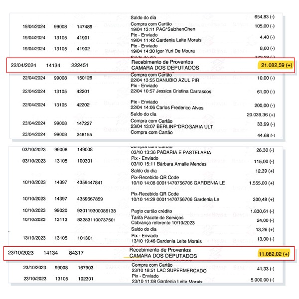 Extratos da conta de Gardênia Morais no Banco do Brasil mostram salários pagos pela Câmara no período em que ela trabalhou no gabinete de Mario Frias (PL-SP).. — Foto: Reprodução