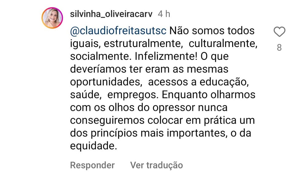 Resposta da vereadora Silvinha Oliveira, do PDT, ao delegado. — Foto: Redes Sociais