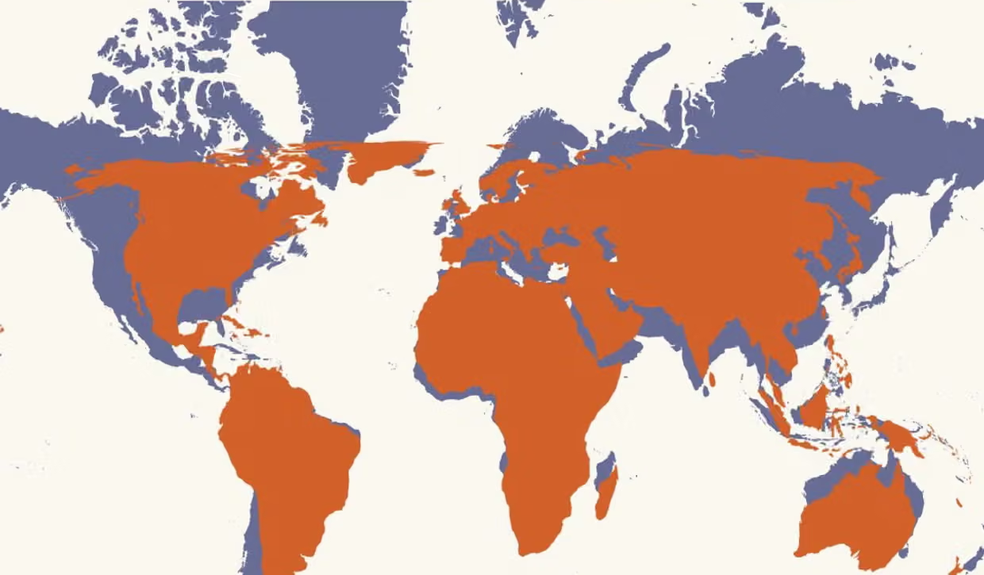 Comparação entre o mapa Mercator e a nova proporção aprovada pela ONU — Foto: Reprodução / Ministério do Interior da França