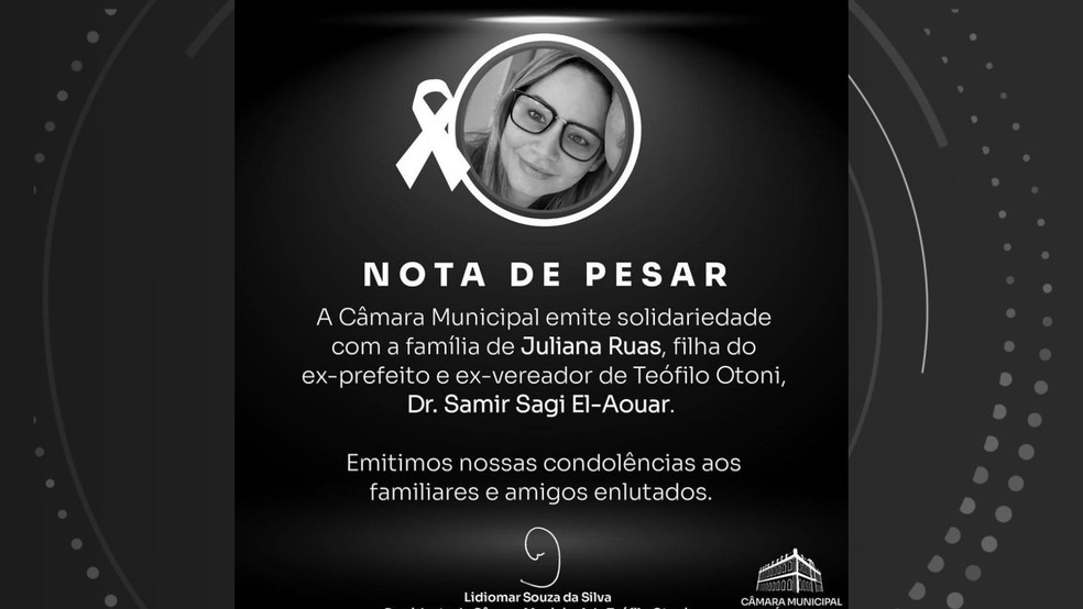 Nota de pesar da da Câmara Municipal de Teófilo Otoni, de Minas Gerais, sobre a médica morta no ES — Foto: Reprodução