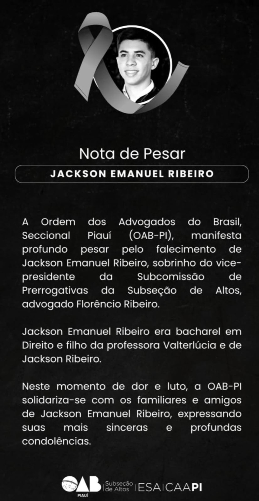 Nota de pesar emitida pela OAB — Foto: Divulgação: OAB-PI