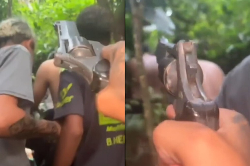 Um dos adolescentes gravou um vídeo apontando arma para vítima em Guarujá (SP) — Foto: Reprodução