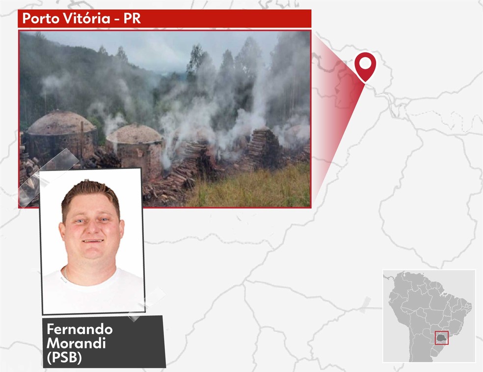 Fernando Morandi (PSB)  dono da Cermica e Carvoaria Morandi, localizada em uma fazenda em Porto   Vitria (PR), na mesma cidade em que agora  vereador. A empresa foi autuada aps o Ministrio do Trabalho resgatar trs trabalhadores. — Foto: Arte/g1