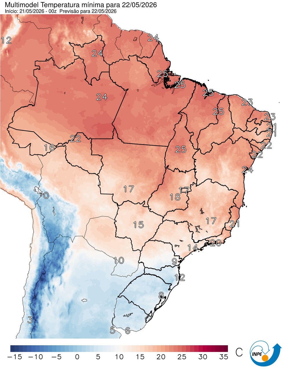 Temperaturas mínimas previstas para esta sexta em todo o Brasil. — Foto: CPTEC/Inpe