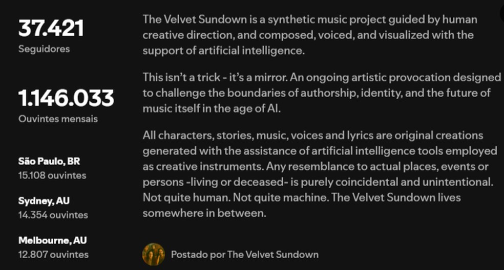The Velvet Sundown, banda gerada por IA, alcança 1 milhão de ouvintes e ganha destaque em São Paulo — Foto: Reprodução/Spotify