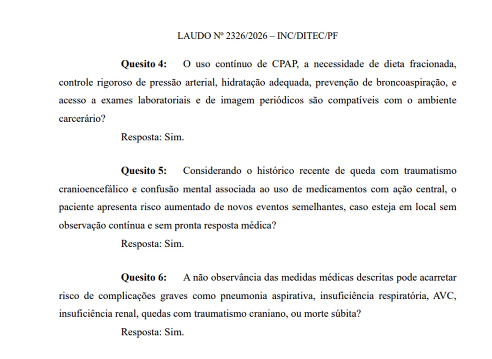 Trecho do relatório médico sobre o estado de saúde de Bolsonaro — Foto: Reprodução
