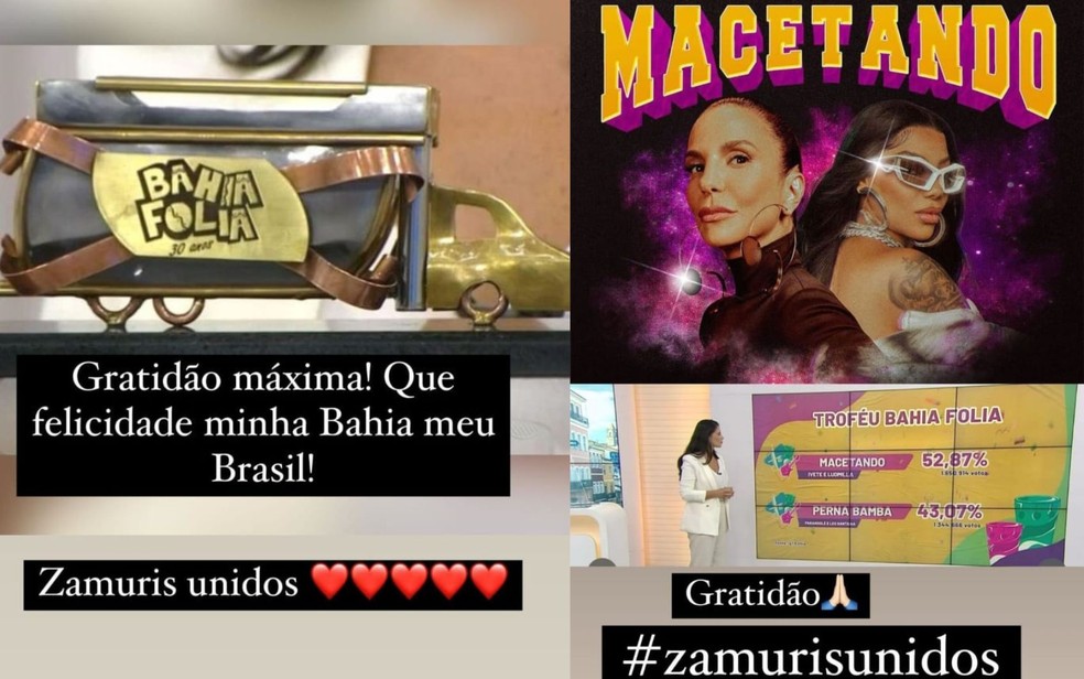 Ivete Sangalo celebra prêmio Bahia Folia nas redes sociais — Foto: Redes Sociais