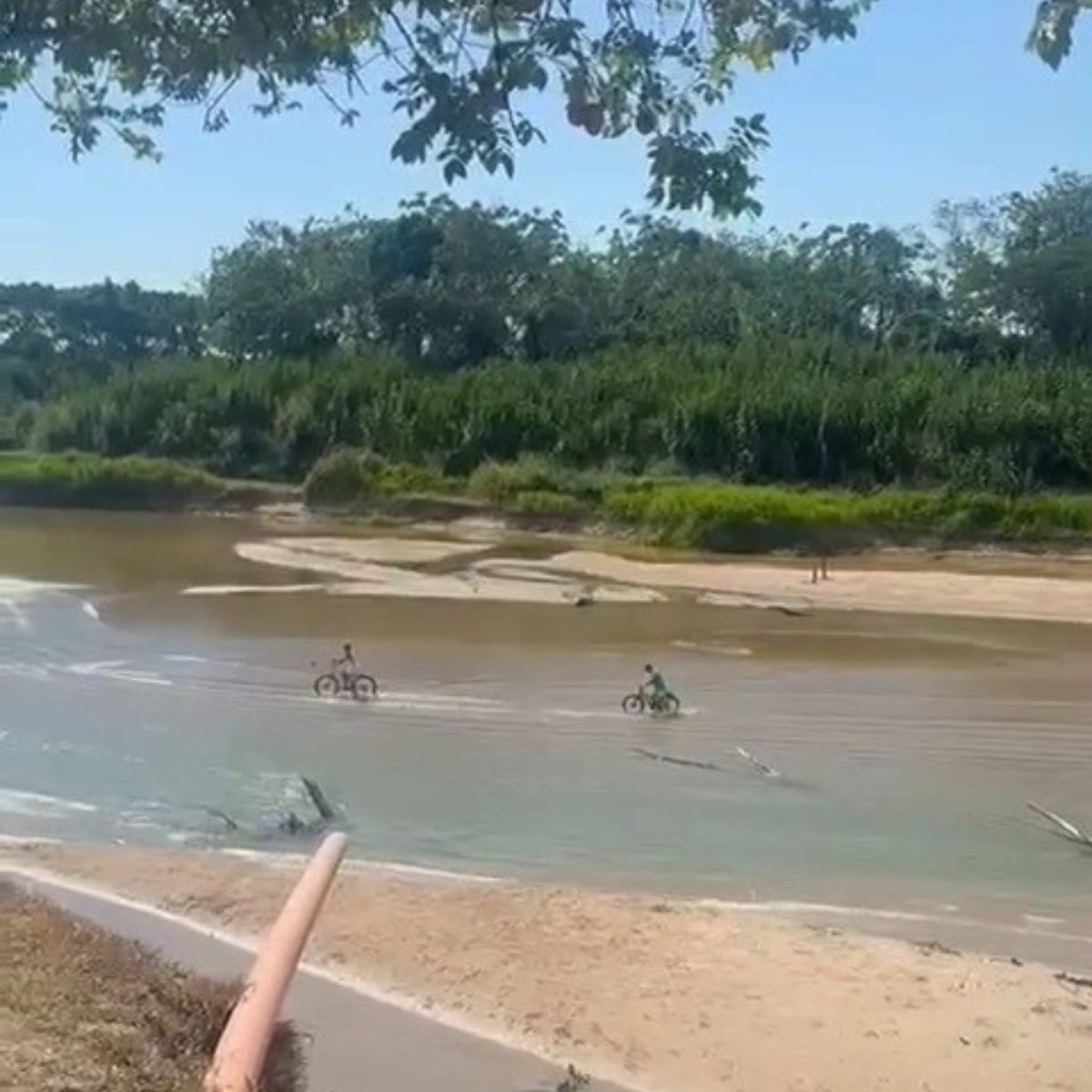 Com seca severa, crianças usam bicicletas para atravessar rios no interior do AC; VÍDEO