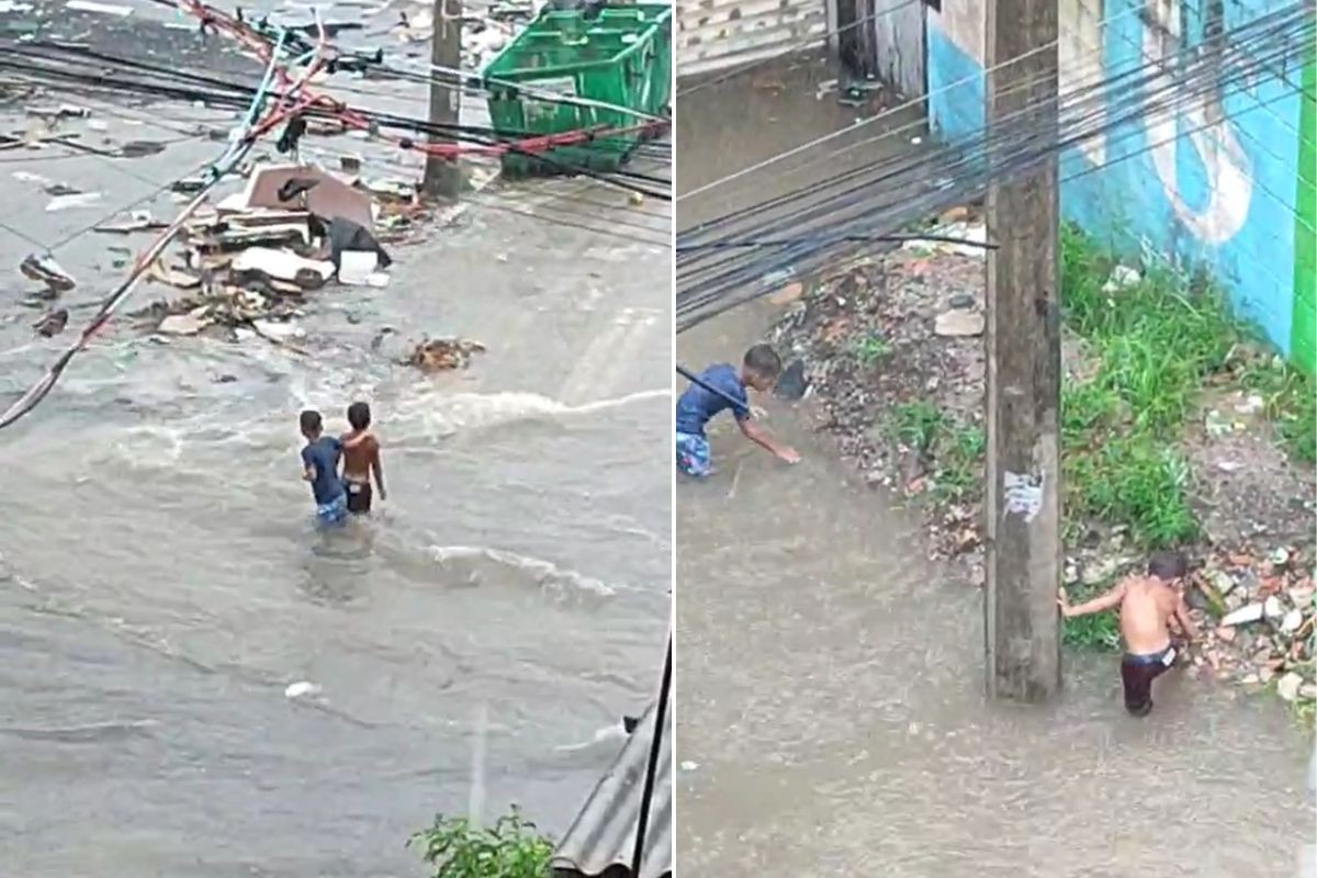 Crianças são quase atropeladas por caminhão e são 'levadas' por onda de enchente no litoral de SP; VÍDEO