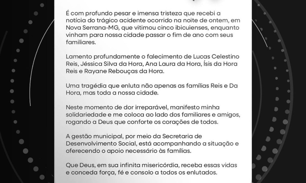 Prefeito de Ibicuí se manifestou nas redes sociais após morte de família em acidente — Foto: Reprodução/Redes Sociais